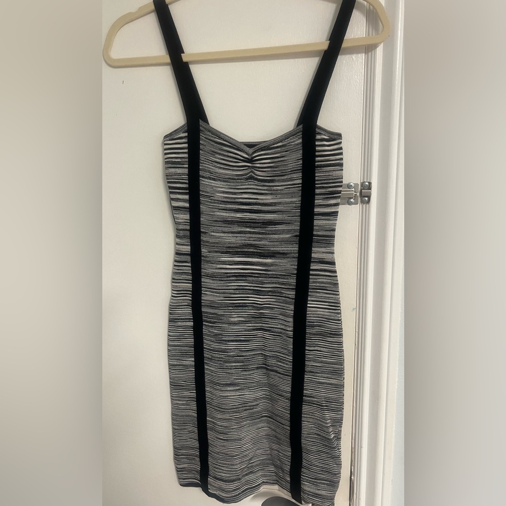 bebe Black and Gray Striped Mini Dress
